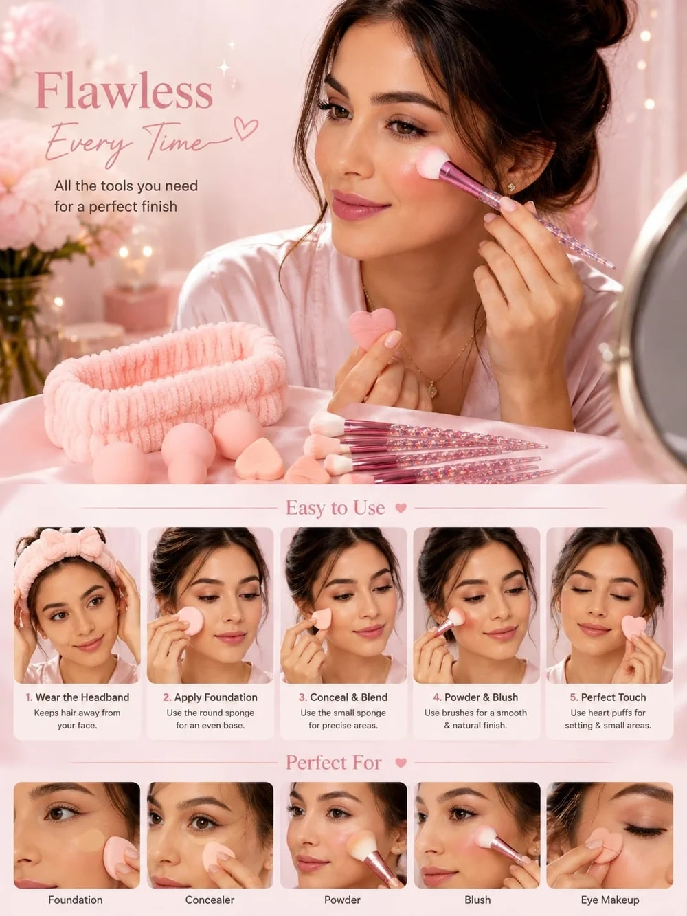 28 Pcs Pink Glitter Makeup Brush & Beauty Accessory Set with Headband